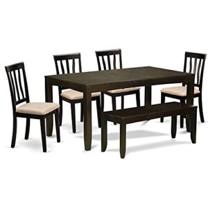 East West Furniture Lynfield 6 Piece Set Contains a Rectangle Dining Room Table with Butterfly Leaf and 4 Linen Fabric Upholstered Chairs with a Bench, 36x66 Inch, Cappuccino