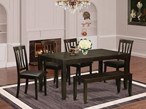 east west furniture lynfield 6 piece set contains a rectangle dining room table with butterfly leaf and 4 faux leather upholstered chairs with a bench, 36x66 inch, cappuccino