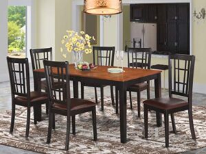 east west furniture nico7-blk-lc 7 piece modern dining table set consist of a rectangle wooden table with butterfly leaf and 6 faux leather upholstered chairs, 36x66 inch, black & cherry