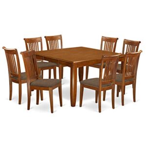 East West Furniture PFPO9-SBR-C 9 Pc Dining Room Set-Table with Leaf and 8 Kitchen Chairs, Microfiber Upholstered Seat