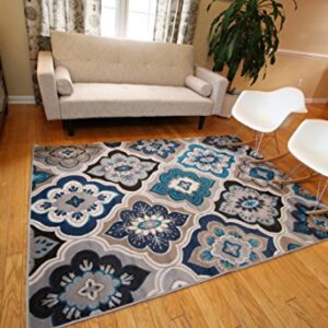 Generations New Contemporary Panal and Diamonds Beige Navy Coral Blue Grey Modern Area Rug Rugs 7'10 Round