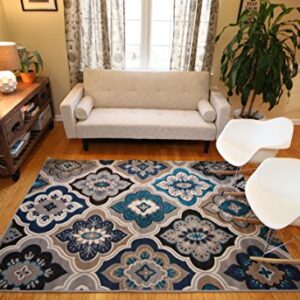 Generations New Contemporary Panal and Diamonds Beige Navy Coral Blue Grey Modern Area Rug Rugs 7'10 Round