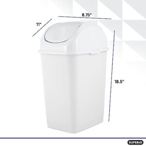 Superio Small 2.5 Gallon Plastic Trash Can with Swing Top Lid, Waste Bin for Under Desk, Office, Bedroom, Bathroom- 10 Qt, (White)