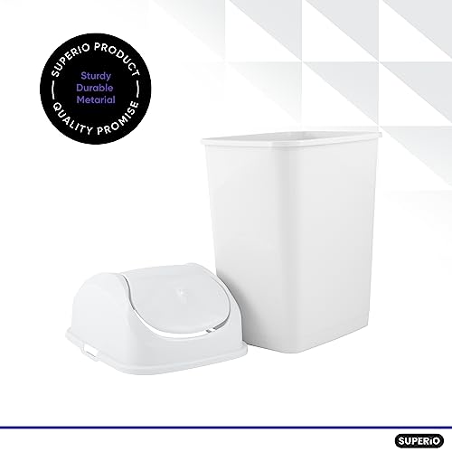 Superio Small 2.5 Gallon Plastic Trash Can with Swing Top Lid, Waste Bin for Under Desk, Office, Bedroom, Bathroom- 10 Qt, (White)