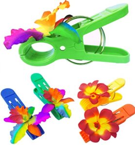 (set of 4) beach towel tropical hawaiian clips jumbo size (5 inches) for beach chair or pool loungers on your cruise. (colorful orchid/plumeria)