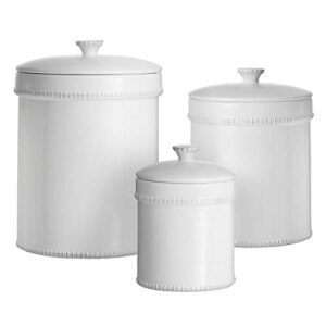 american atelier bianca dash canister set 3-piece ceramic jars in 30oz, 70oz and 122oz chic design with lids for cookies, candy, coffee, flour, sugar, rice, pasta, cereal & more, white 1, 3 count