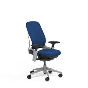 steelcase leap desk chair in buzz2 blue fabric - 4-way highly adjustable arms - platinum frame and base - soft dual wheel hard floor casters