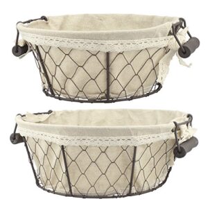 stonebriar 2pc round metal serving basket set with decorative fabric lining, rustic serving trays for parties, centerpiece for coffee or dining table, document organizer for office or kitchen