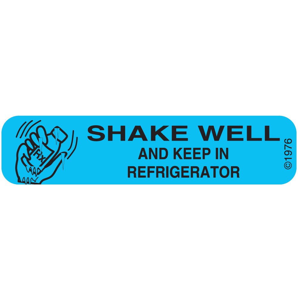 PHARMEX 1-40G Permanent Paper Label, Shake Well Keep in", 1 9/16" x 3/8", Blue (500 per Roll, 2 Rolls per Box)