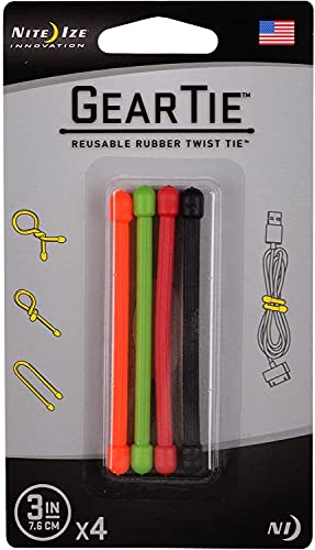 2X Nite Ize GT3-4PK-A1 Gear Tie Reusable 3-Inch Rubber Twist Tie, Assorted Colors