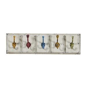 deco 79 wood 5 hangers wall hook with multi colored hooks, 24" x 4" x 7", white