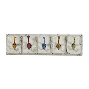 Deco 79 Wood 5 Hangers Wall Hook with Multi Colored Hooks, 24" x 4" x 7", White