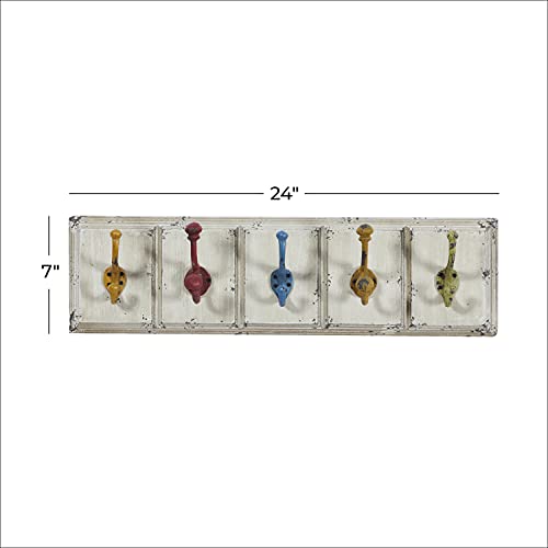 Deco 79 Wood 5 Hangers Wall Hook with Multi Colored Hooks, 24" x 4" x 7", White