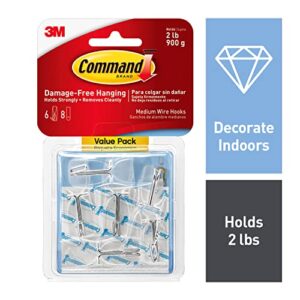 Command Medium Wire Toggle Hooks, Damage Free Hanging Wall Hooks with Adhesive Strips, No Tools Wall Hooks for Hanging Organizational Items in Living Spaces, 6 Clear Hooks and 8 Command Strips