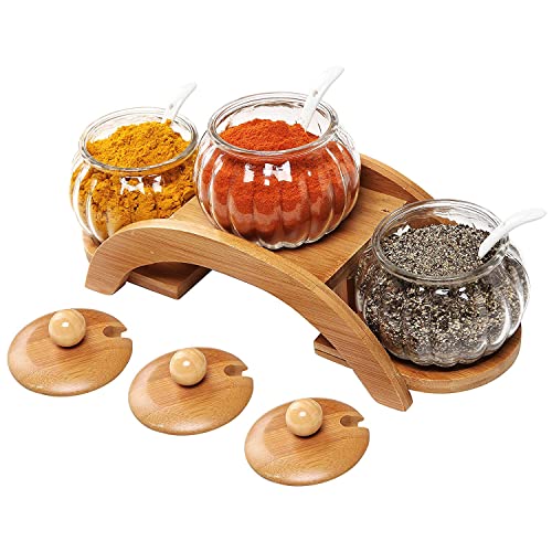 MyGift Clear Glass Spice Jars Condiment Pot with Bamboo Lids, Ceramic Spoons and Tiered Serving Tray, 10 Piece Set