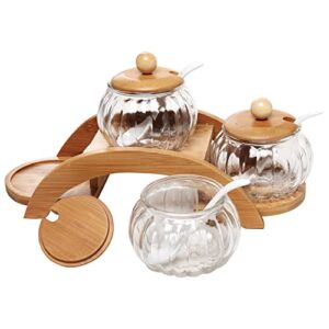 MyGift Clear Glass Spice Jars Condiment Pot with Bamboo Lids, Ceramic Spoons and Tiered Serving Tray, 10 Piece Set