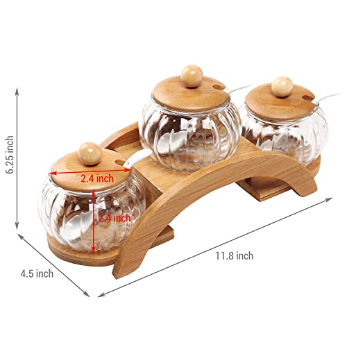 MyGift Clear Glass Spice Jars Condiment Pot with Bamboo Lids, Ceramic Spoons and Tiered Serving Tray, 10 Piece Set