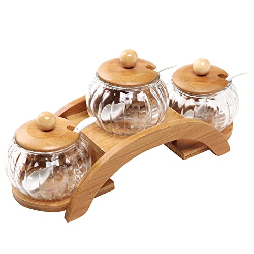 MyGift Clear Glass Spice Jars Condiment Pot with Bamboo Lids, Ceramic Spoons and Tiered Serving Tray, 10 Piece Set