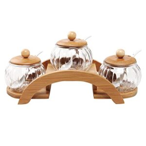 MyGift Clear Glass Spice Jars Condiment Pot with Bamboo Lids, Ceramic Spoons and Tiered Serving Tray, 10 Piece Set