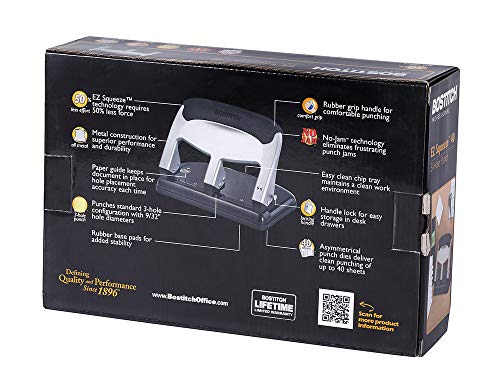 Bostitch Office EZ Squeeze Heavy Duty 3 Hole Punch, 40-Sheet Capacity, Use Less Force, Perfect for Home Office School Supplies, Sleek Design, Silver