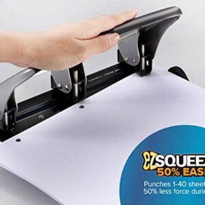 Bostitch Office EZ Squeeze Heavy Duty 3 Hole Punch, 40-Sheet Capacity, Use Less Force, Perfect for Home Office School Supplies, Sleek Design, Silver