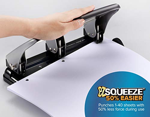 Bostitch Office EZ Squeeze Heavy Duty 3 Hole Punch, 40-Sheet Capacity, Use Less Force, Perfect for Home Office School Supplies, Sleek Design, Silver