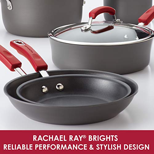 Rachael Ray Brights Hard Anodized Nonstick Frying Pan / Fry Pan / Hard Anodized Skillet - 12.5 Inch, Gray with Red Handles