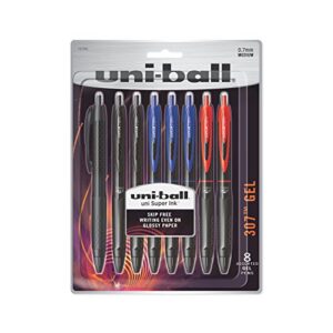 uni-ball 307 retractable gel pens, medium point (0.7mm), assorted colors, 8 count
