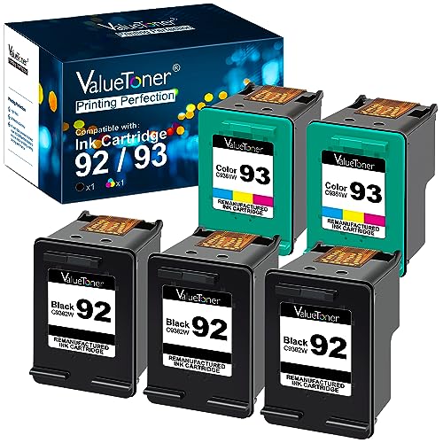 Valuetoner Remanufactured Ink Cartridge Replacement for HP 92 93 C9362WN C9361WN for Deskjet 5420 5420v 5440 5440v 5440xi 5442 5443 Photosmart 7850 C3100 C3110 Printer (3 Black, 2 Tri-Color, 5 Pack)