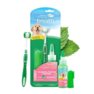 tropiclean fresh breath oral care kit for puppies - complete toothbrush & toothpaste gel kit - helps remove plaque & tartar + breath freshener
