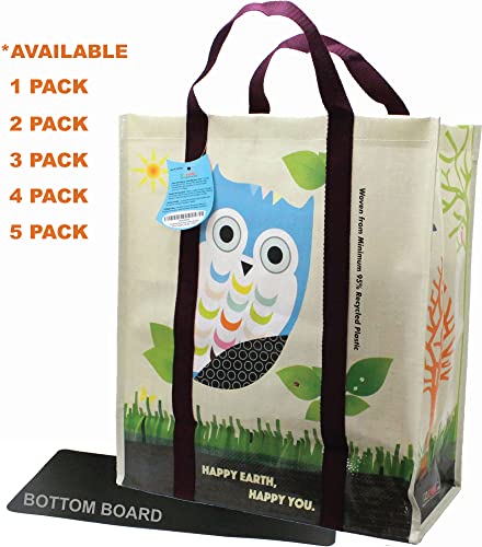 EcoJeannie 5 pack Super Strong X-Large Laminated Woven Reusable Shopping Tote Bag (Avail: Set of 1,2,3,4,5 Bags), Free Standing, Recycled Plastic w/Bottom Board & Reinforced Nylon Handle - WTS051