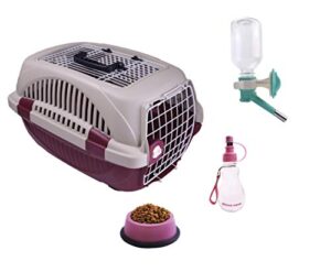 choco nose travel kennel set - durable top load pet carrier/crate for animals under 12 lb, small dogs/puppy/cat/rabbit- includes patented no drip water bottle, portable water bottle + food bowl, red