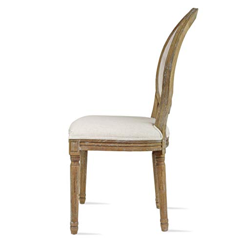 2xhome - French Country Vintage Chic Style Dining Side Chair with Upholstered Linen Welted Fabric and Elegant Natural Rustic Wood Frame - Tufted Button Oval Back