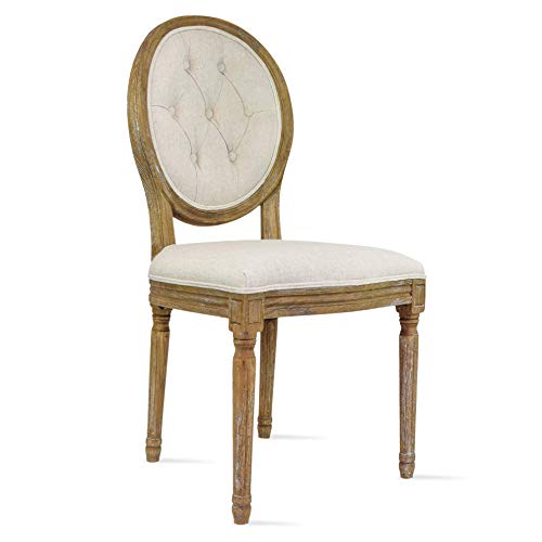 2xhome - French Country Vintage Chic Style Dining Side Chair with Upholstered Linen Welted Fabric and Elegant Natural Rustic Wood Frame - Tufted Button Oval Back