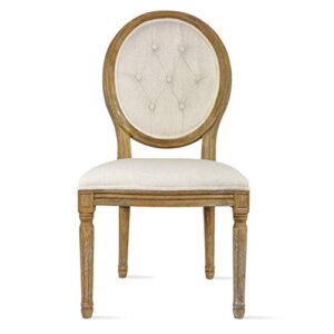 2xhome - French Country Vintage Chic Style Dining Side Chair with Upholstered Linen Welted Fabric and Elegant Natural Rustic Wood Frame - Tufted Button Oval Back