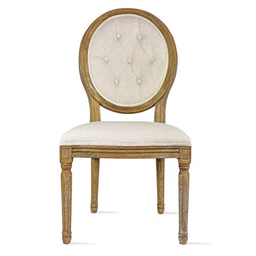 2xhome - French Country Vintage Chic Style Dining Side Chair with Upholstered Linen Welted Fabric and Elegant Natural Rustic Wood Frame - Tufted Button Oval Back