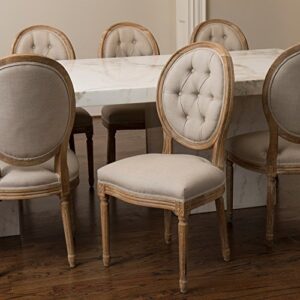 2xhome - French Country Vintage Chic Style Dining Side Chair with Upholstered Linen Welted Fabric and Elegant Natural Rustic Wood Frame - Tufted Button Oval Back