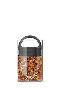 best premium airtight storage container for coffee beans, tea and dry goods - evak - innovation that works by prepara, glass and stainless, soft touch black handle, mini