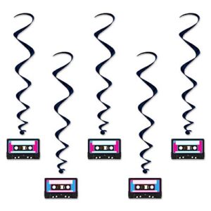 beistle 5 piece 80's theme cassette tape decorations hanging whirls spirals for 1980's party supplies, 39", multicolor