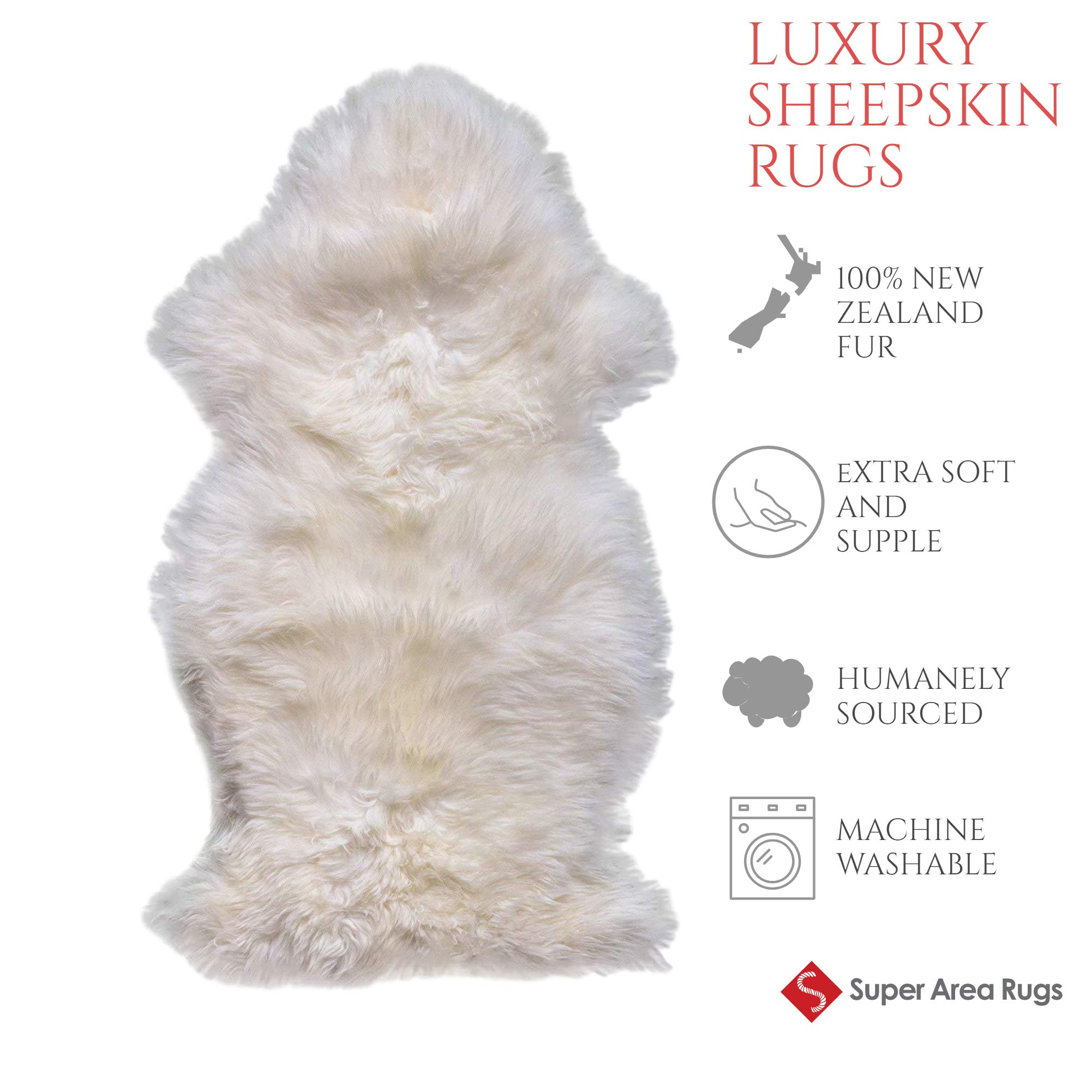 Super Area Rugs Genuine New Zealand Fluffy Sheepskin Rug for Bedroom Living Room, Natural, Large 2' x 3' Single Pelt