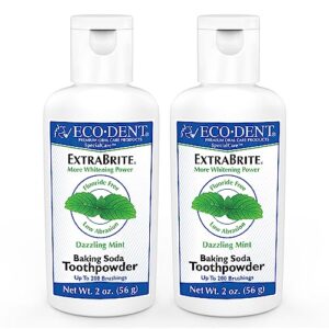 eco-dent extrabrite baking soda toothpowder, mint - fluoride-free toothpaste powder, sls-free tooth powder with oxidizing calcium peroxide, whitening toothpaste alternative, 2 oz ea (pack of 2)