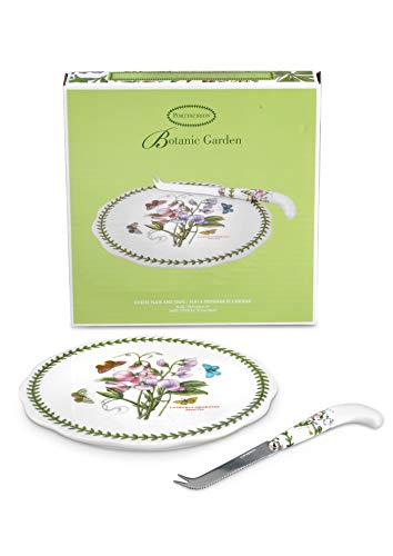 Portmeirion Botanic Garden Cheese Plate with Knife | 9 Inch Cheese Platter with Sweet Pea Motif | Made from Porcelain/Stainless Steel | Dishwasher Safe