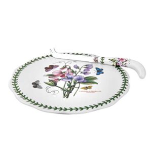 portmeirion botanic garden cheese plate with knife | 9 inch cheese platter with sweet pea motif | made from porcelain/stainless steel | dishwasher safe