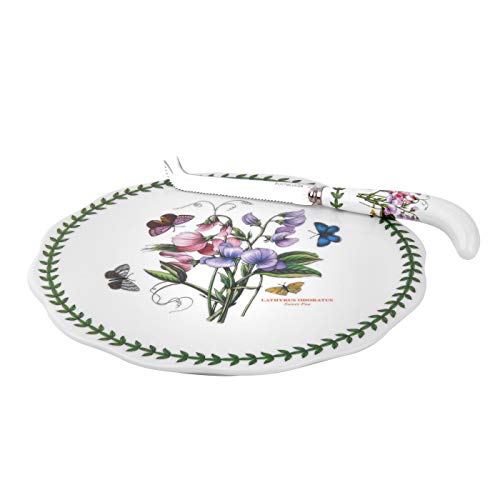 Portmeirion Botanic Garden Cheese Plate with Knife | 9 Inch Cheese Platter with Sweet Pea Motif | Made from Porcelain/Stainless Steel | Dishwasher Safe