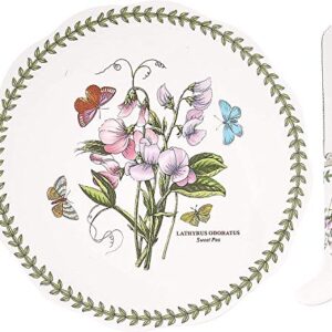 Portmeirion Botanic Garden Cheese Plate with Knife | 9 Inch Cheese Platter with Sweet Pea Motif | Made from Porcelain/Stainless Steel | Dishwasher Safe