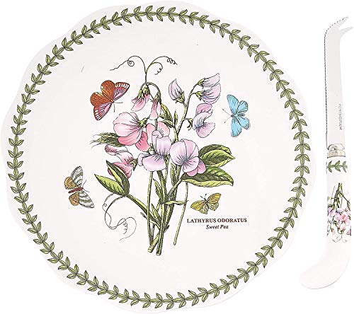 Portmeirion Botanic Garden Cheese Plate with Knife | 9 Inch Cheese Platter with Sweet Pea Motif | Made from Porcelain/Stainless Steel | Dishwasher Safe