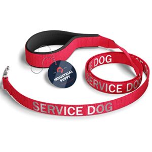 red service dog leash wrap with neoprene handle and reflective service dog lettering - supplies or accessories for service dog vest or harness - available in red, black, and pink (red, service dog)
