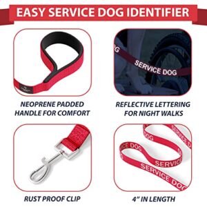 Red Service Dog Leash Wrap with Neoprene Handle and Reflective Service Dog Lettering - Supplies or Accessories for Service Dog Vest or Harness - Available in Red, Black, and Pink (Red, Service Dog)