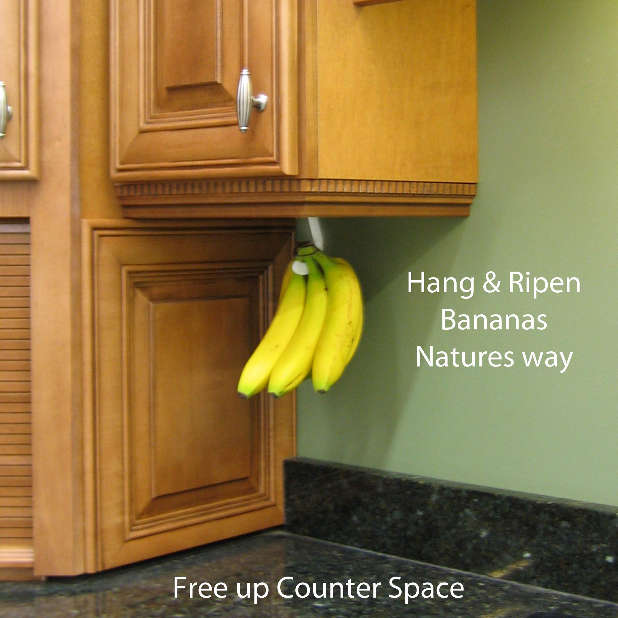 Banana Hook Hanger Under Cabinet Hook Ripens Bananas with Less Bruises, Hang Other Lightweight Kitchen Items, Folds Up Out of Sight When Not in Use, Self-Adhesive + Pre-drilled Screw Holes (White)