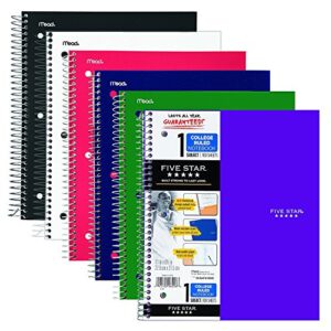 6 pack of mead five star personal spiral notebook, 7" x 4 3/8", 100 sheets, college rule, assorted colors (mea45484)